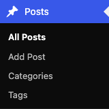 WordPress管理画面のPostsメニュー、番号1Add Postの位置