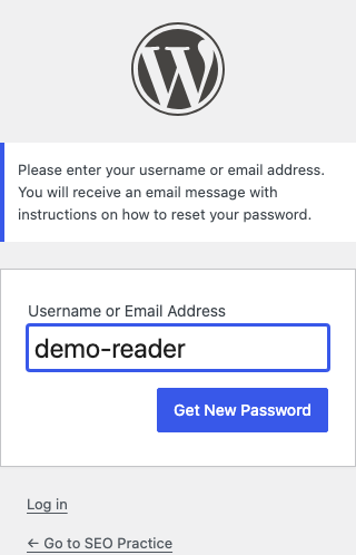 隔離WordPressの再設定依頼実画面。合成ユーザーdemo-readerを入力した状態