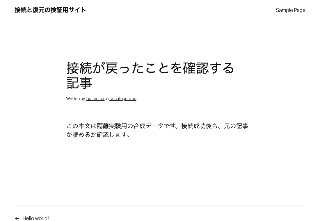 元の接続設定へ戻して合成記事の本文が表示されたWordPress画面